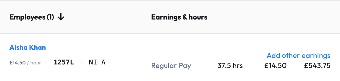 Aisha Khan’s example payroll input: 37.5 hours at £14.50, £543.75 regular earnings.