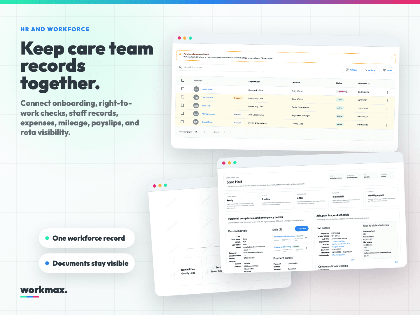 Workmax workforce dashboard showing connected scheduling, time and payroll operations