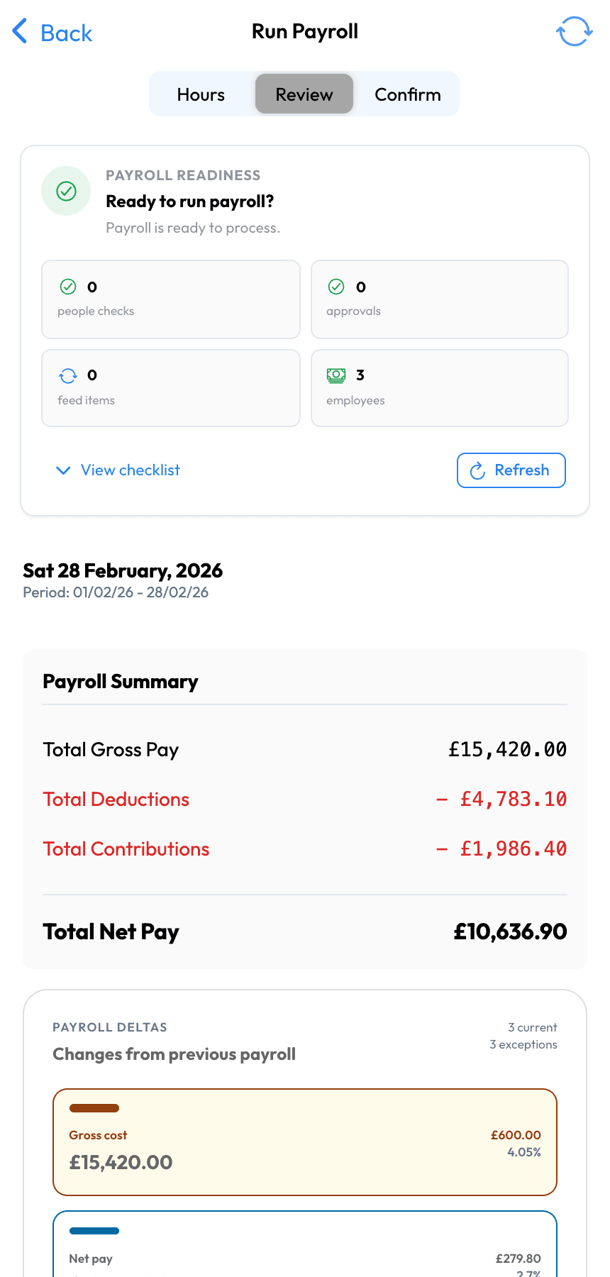 Workmax mobile payroll review showing pay totals and employee results