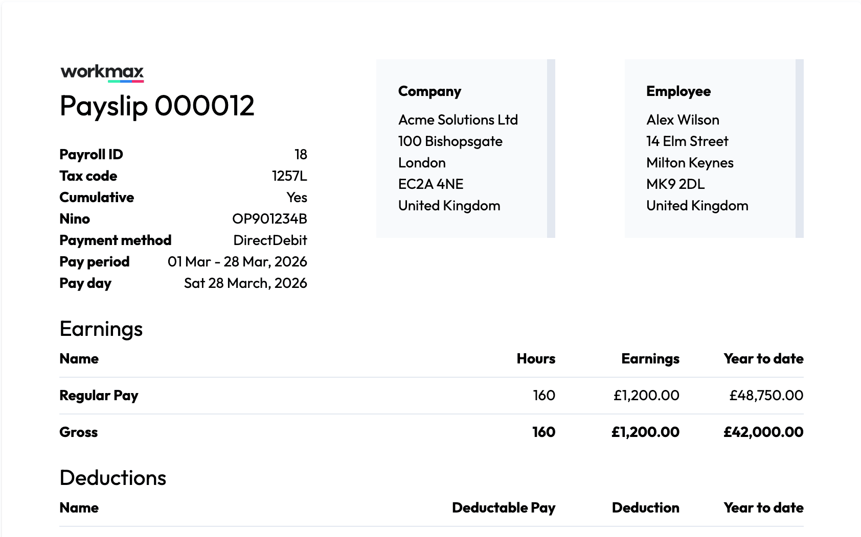 Workmax processed payslip showing an employee's earnings, tax, National Insurance and net pay