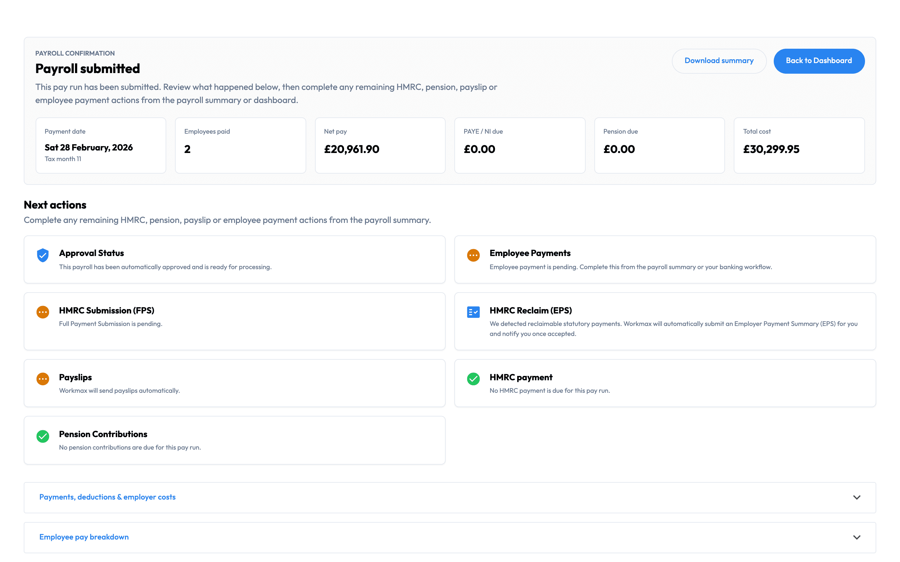 Workmax payroll confirmation screen showing the payroll submitted with Auto EPS and FPS status
