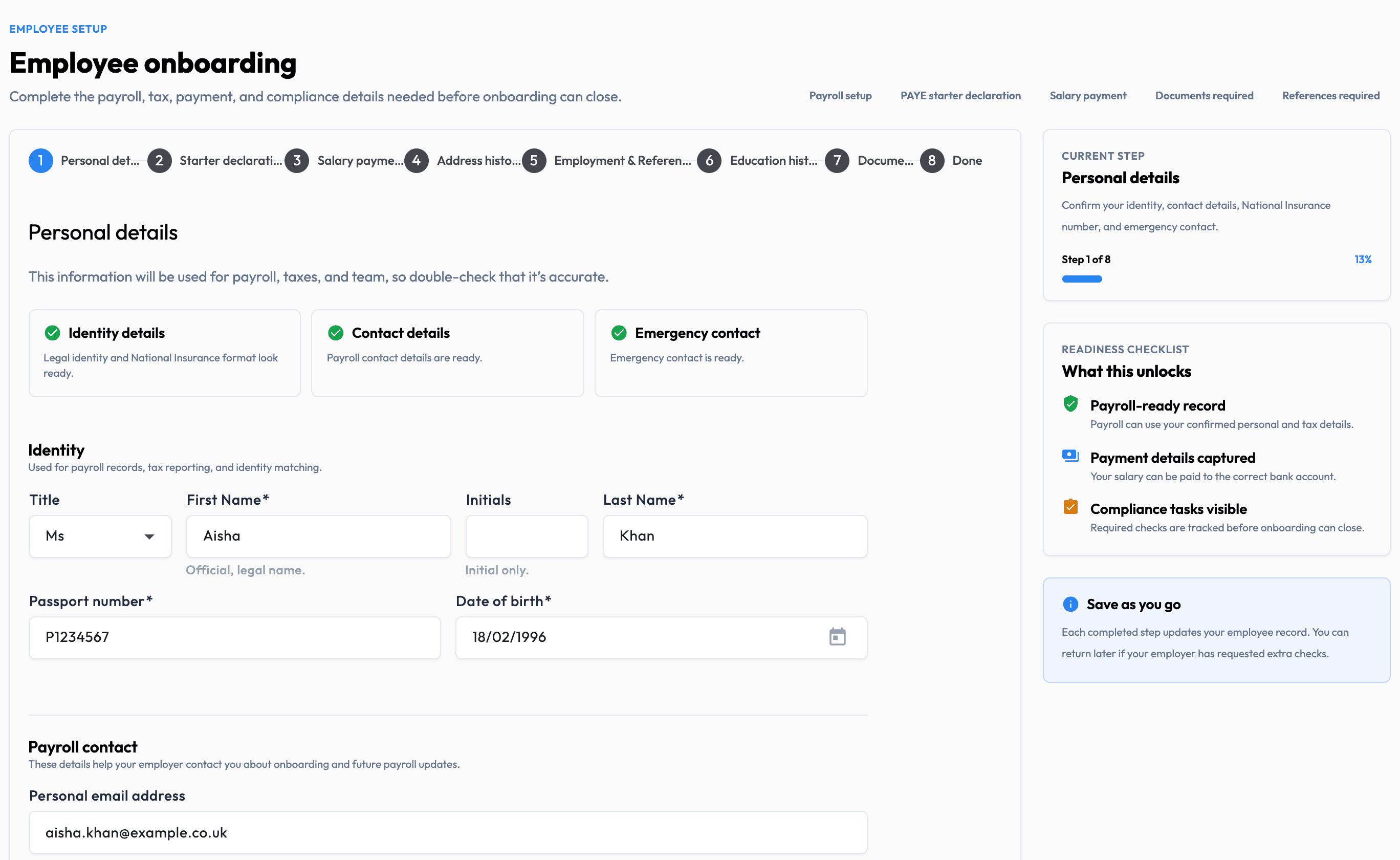 Workmax employee onboarding screen for collecting personal details used in payroll records