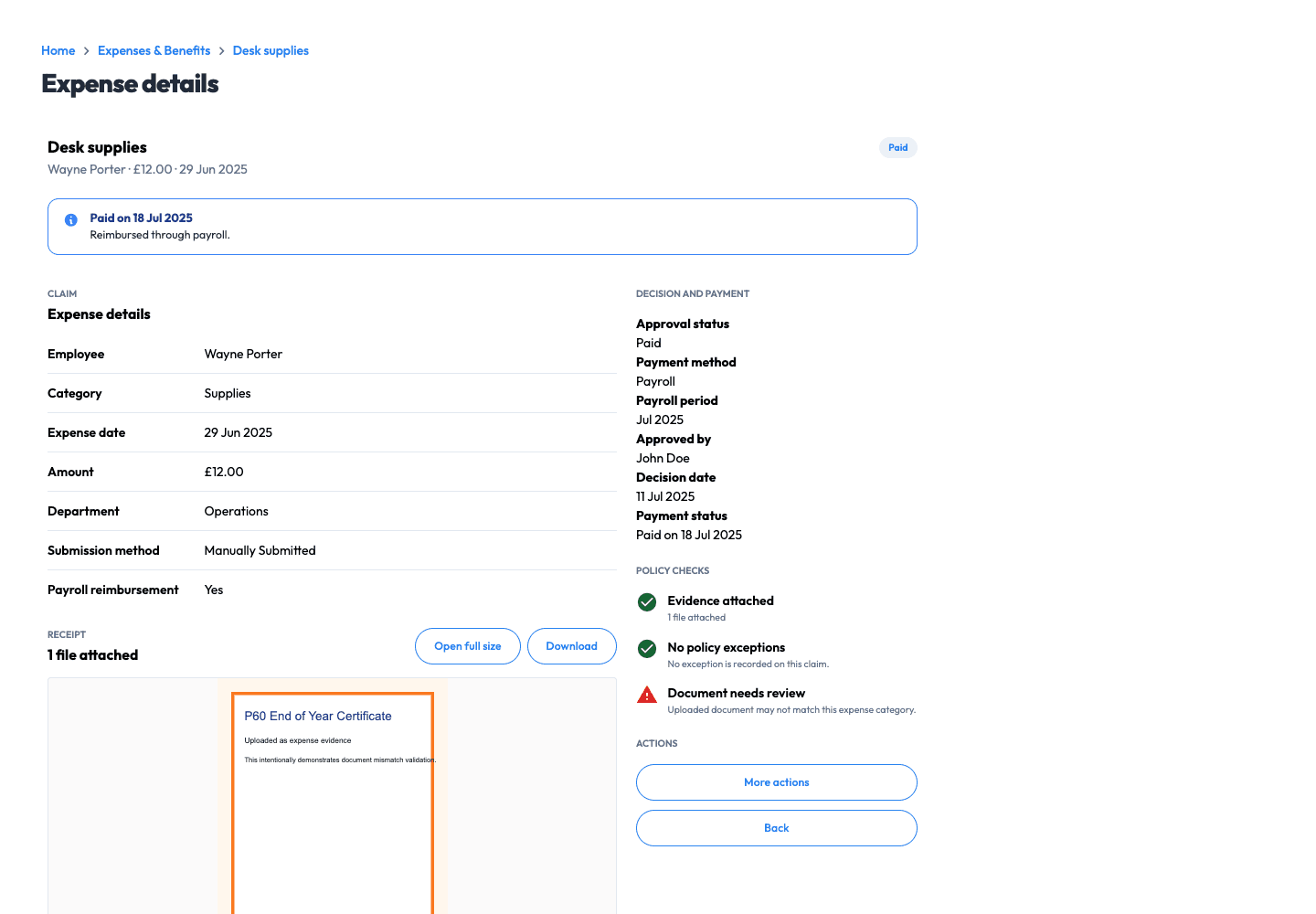 Workmax expense workflow with example data
