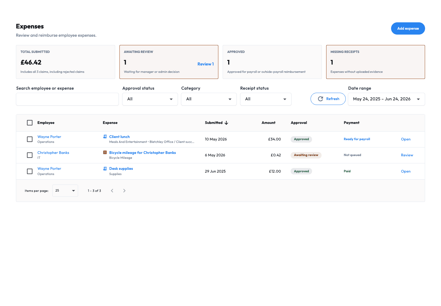 Workmax expense operations with example claims and review statuses.