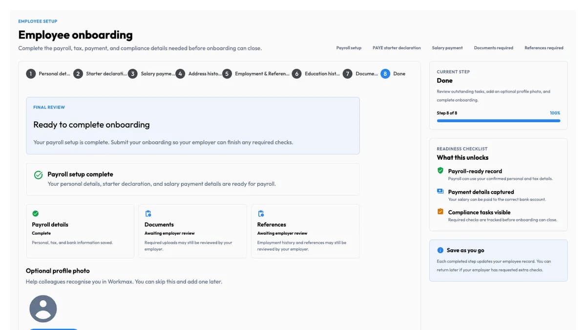 Workmax employee onboarding review showing payroll setup complete and outstanding employer checks