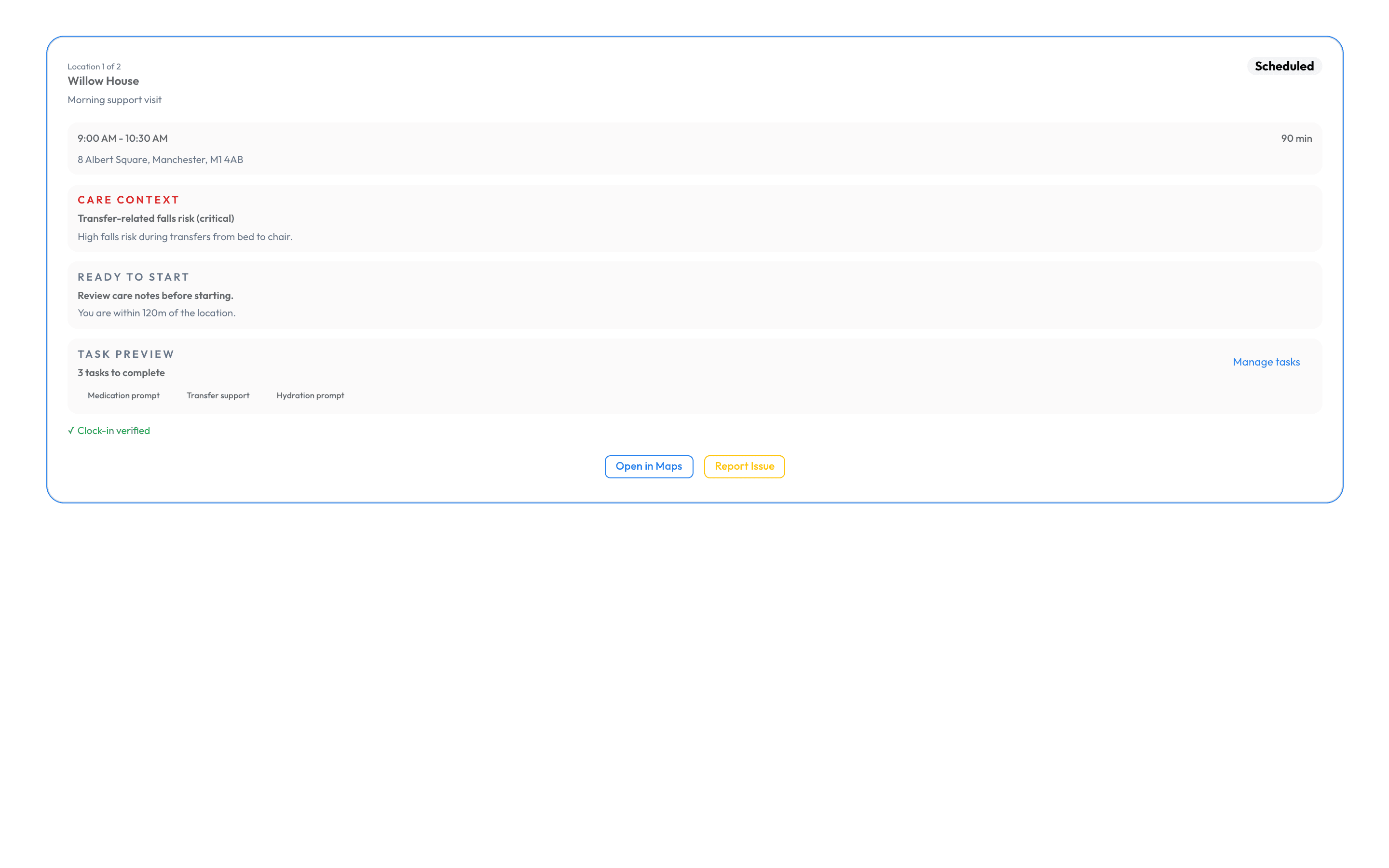 Workmax mobile clock-in context for a scheduled care visit