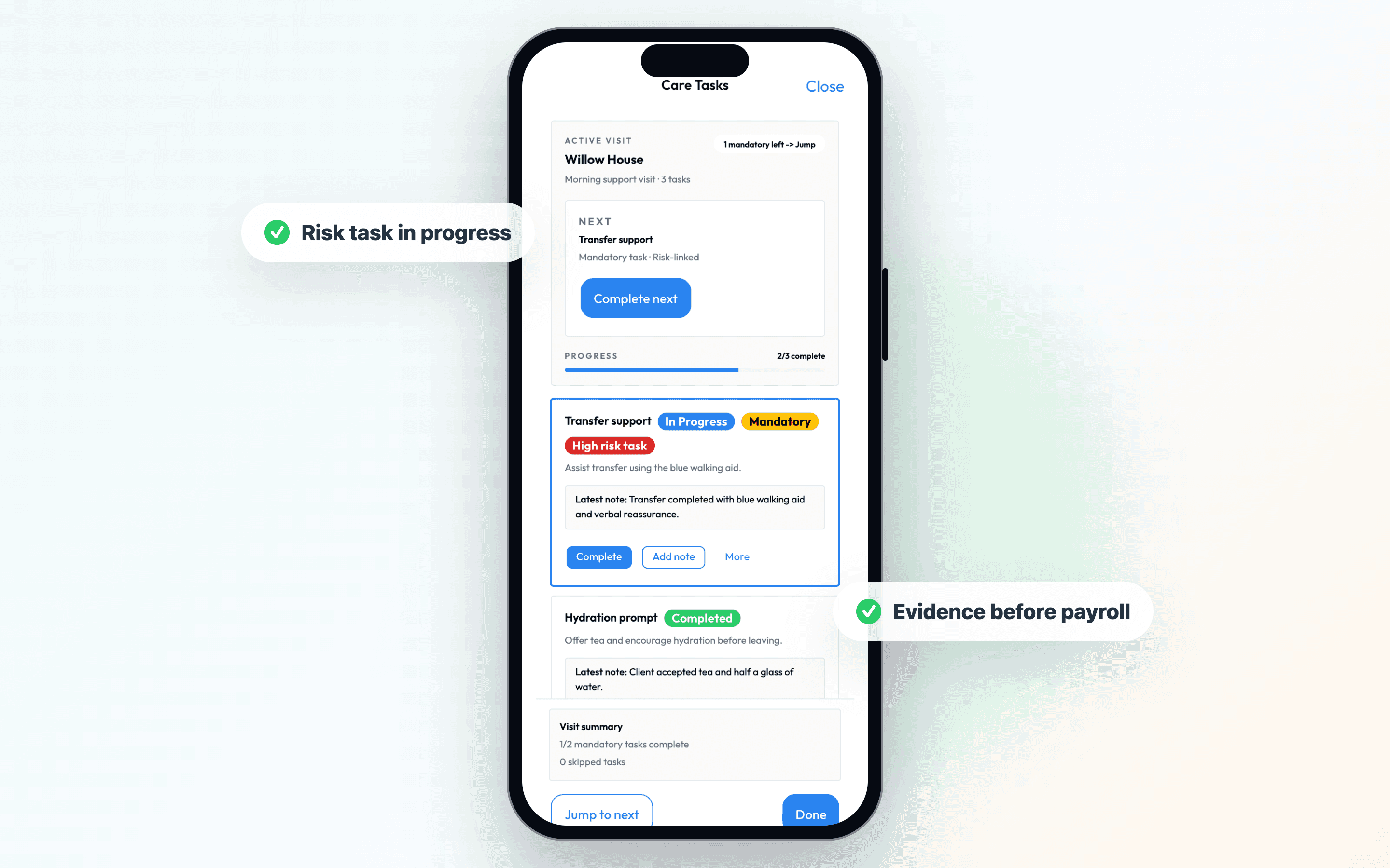 Workmax care app showing an in-progress visit with verified care tasks