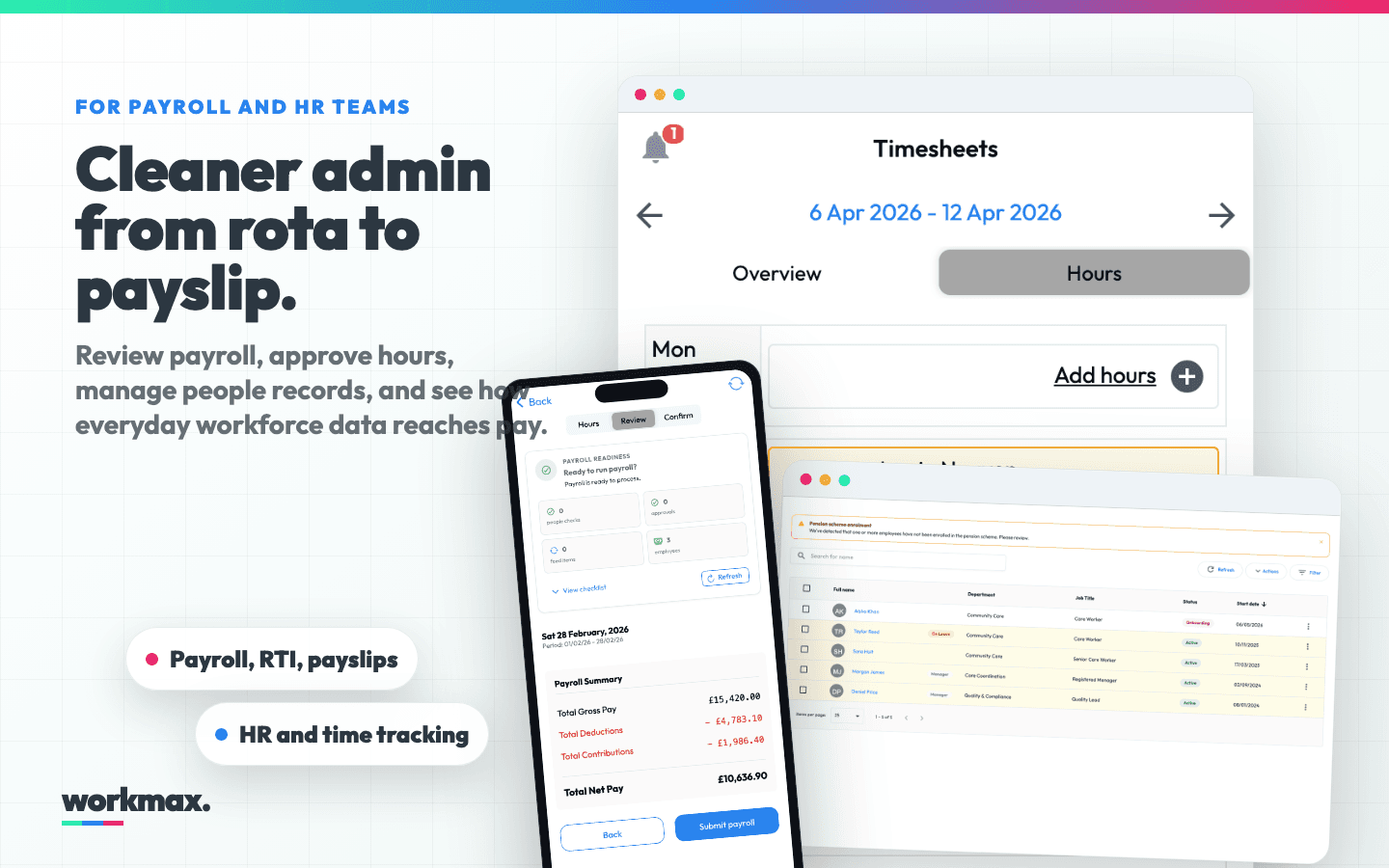 Workmax payroll and HR workflow screenshots for demo booking