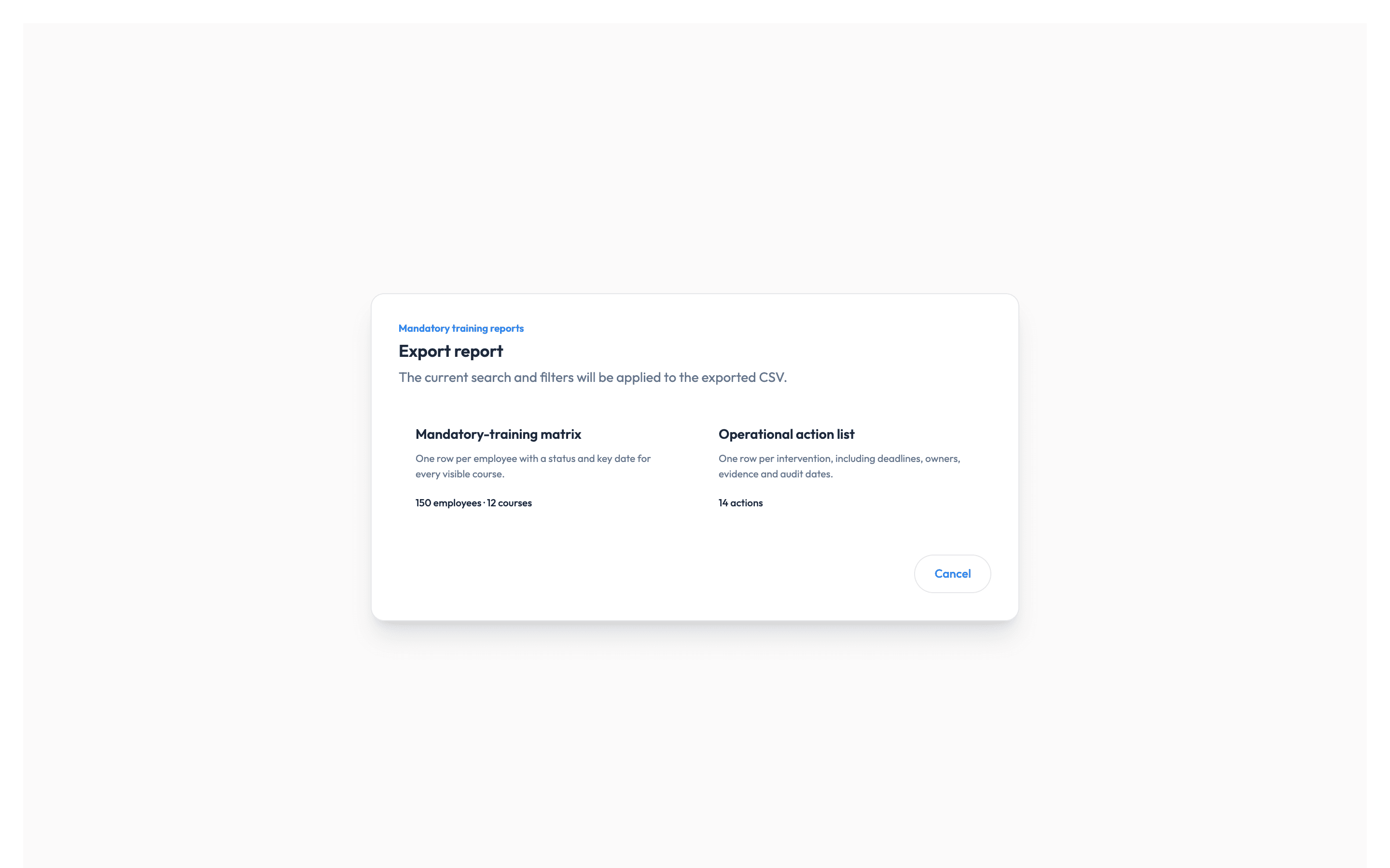 Workmax compliance report export options for a workforce scope