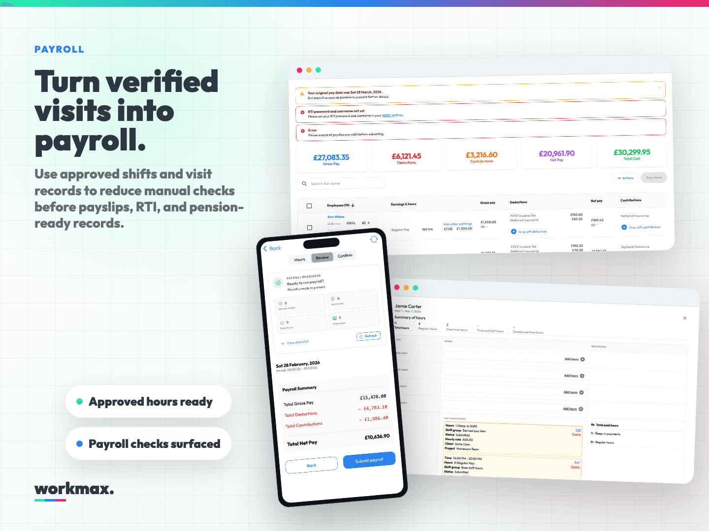 Workmax workforce interface connecting scheduling, time approval and payroll
