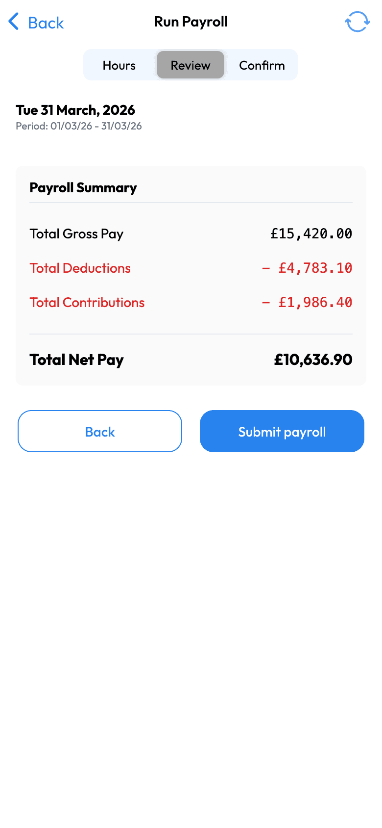 Workmax mobile payroll review showing gross pay, deductions, contributions and net pay