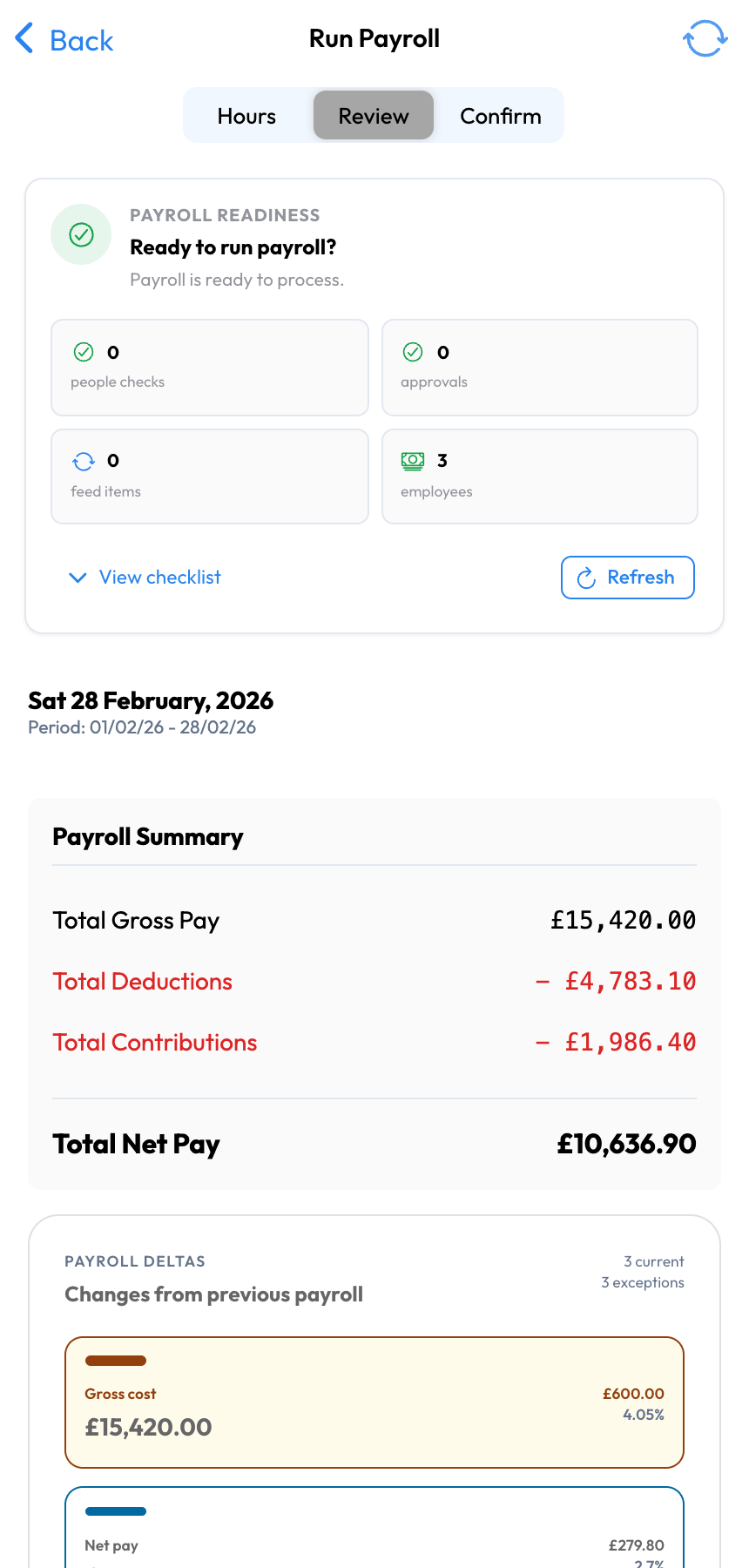 Workmax mobile payroll review showing gross pay, deductions, contributions and net pay