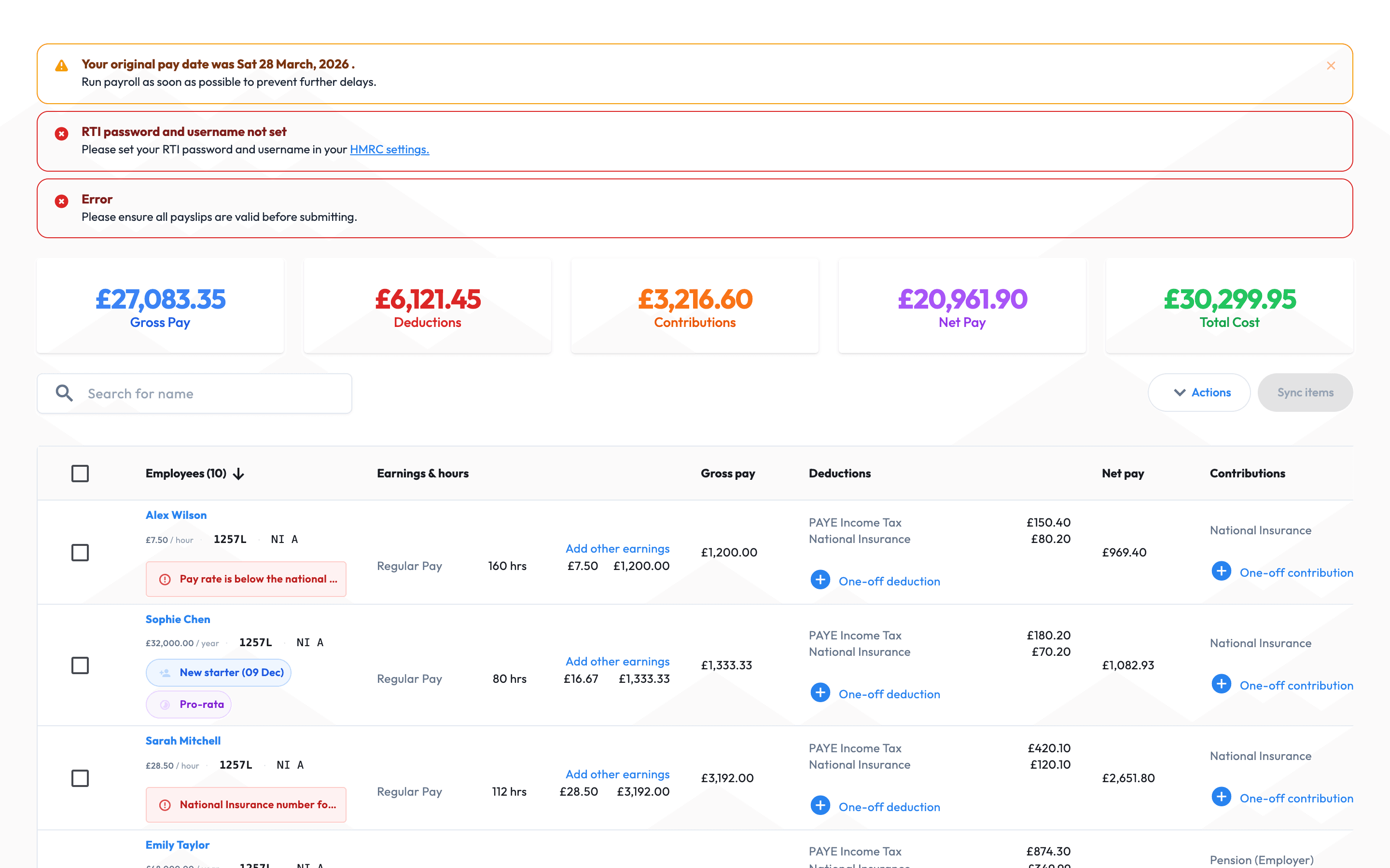 Workmax payroll hours and earnings screen showing gross pay, deductions, contributions, net pay and employee details