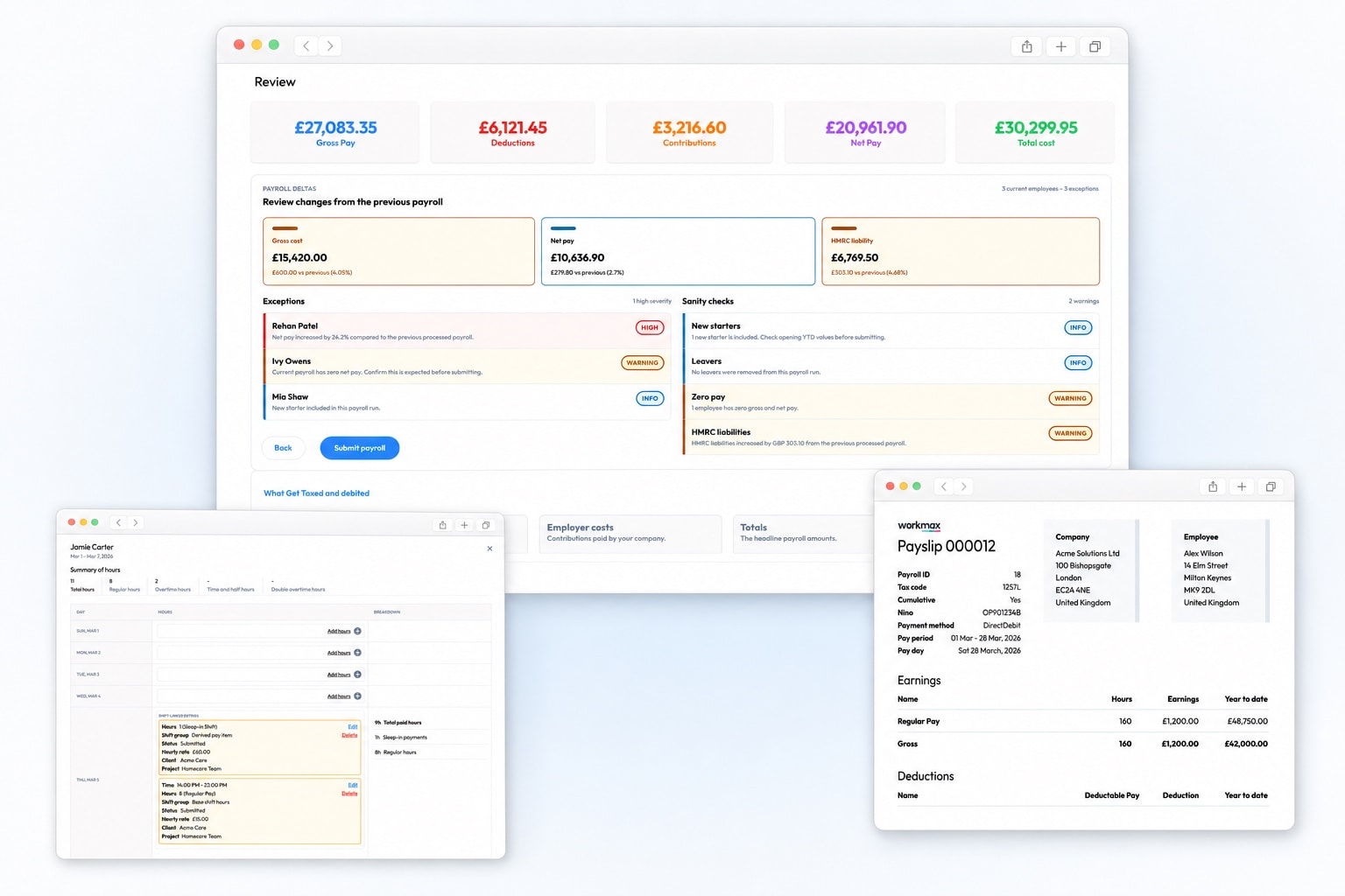 Workmax payroll software demo showing payroll review, payslip and approved timesheet screens