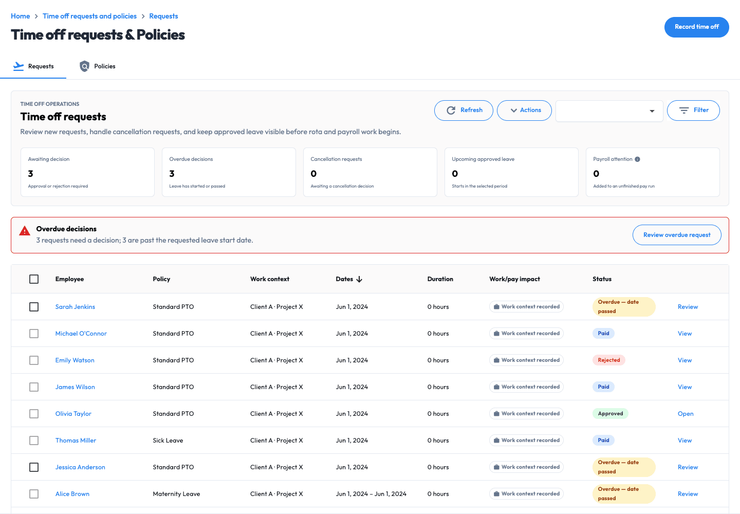 Workmax manager leave requests and decisions with example data.