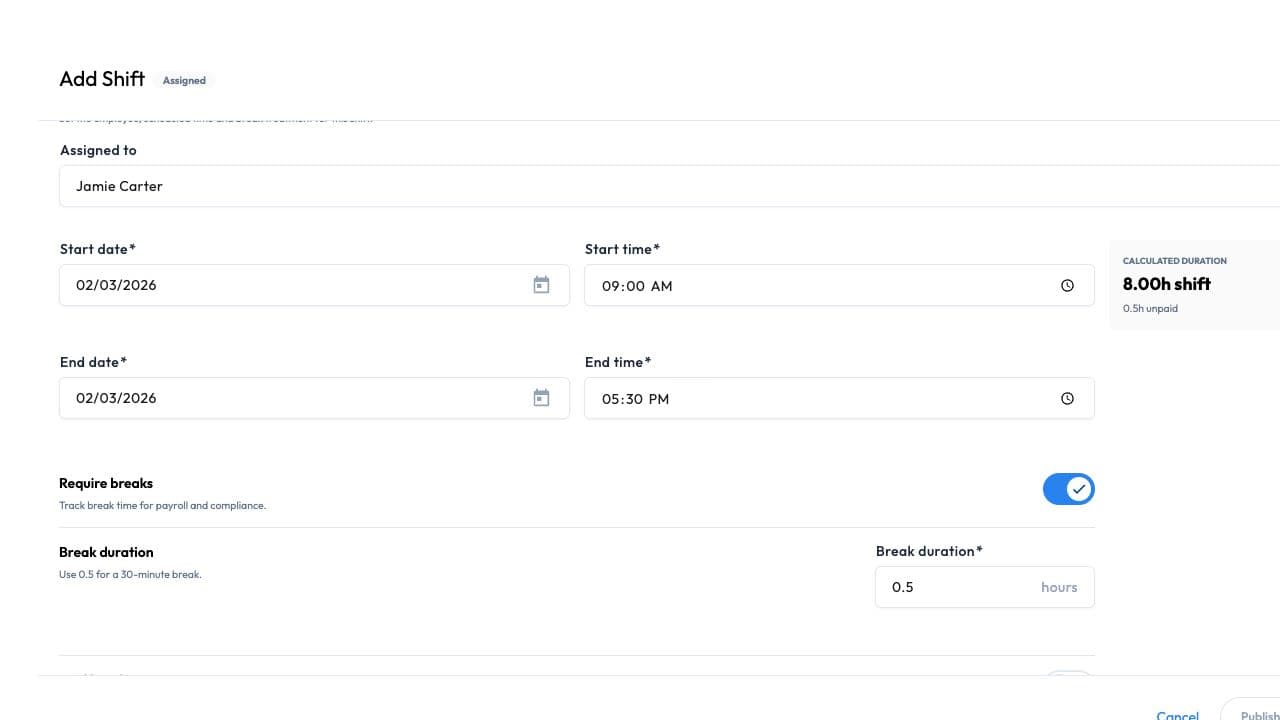 Workmax add-shift form showing an assigned worker, start and end times and a half-hour break.