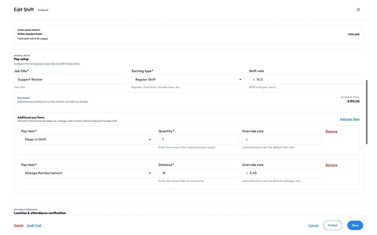 Workmax Edit Shift showing configured sleep-in and mileage pay items, the estimated pay total and save controls.