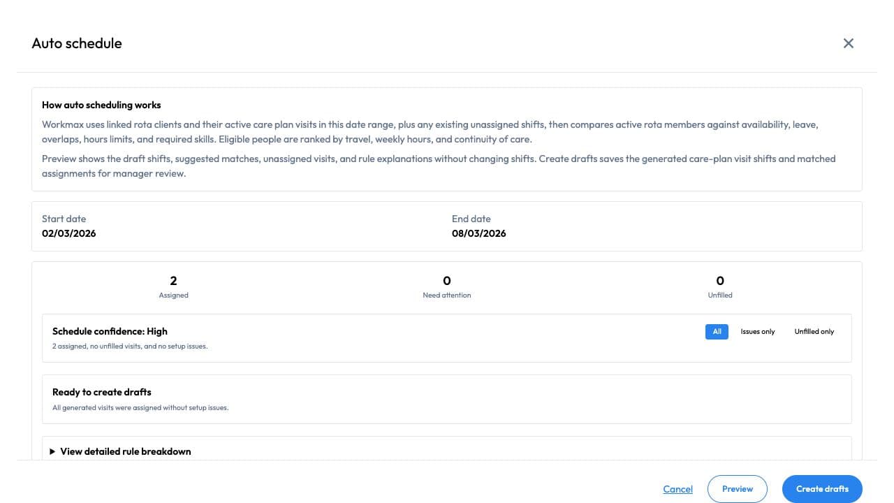 Workmax preview draft assignments with fictional data