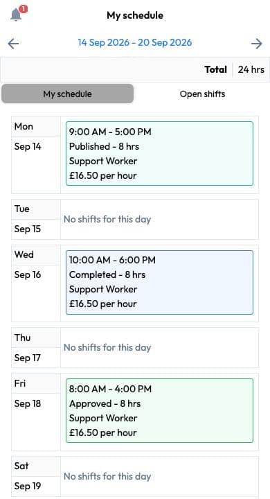 Workmax employee schedule on mobile with fictional data