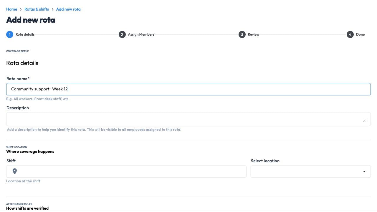 Workmax rota setup with rota details, location and the member-assignment step.