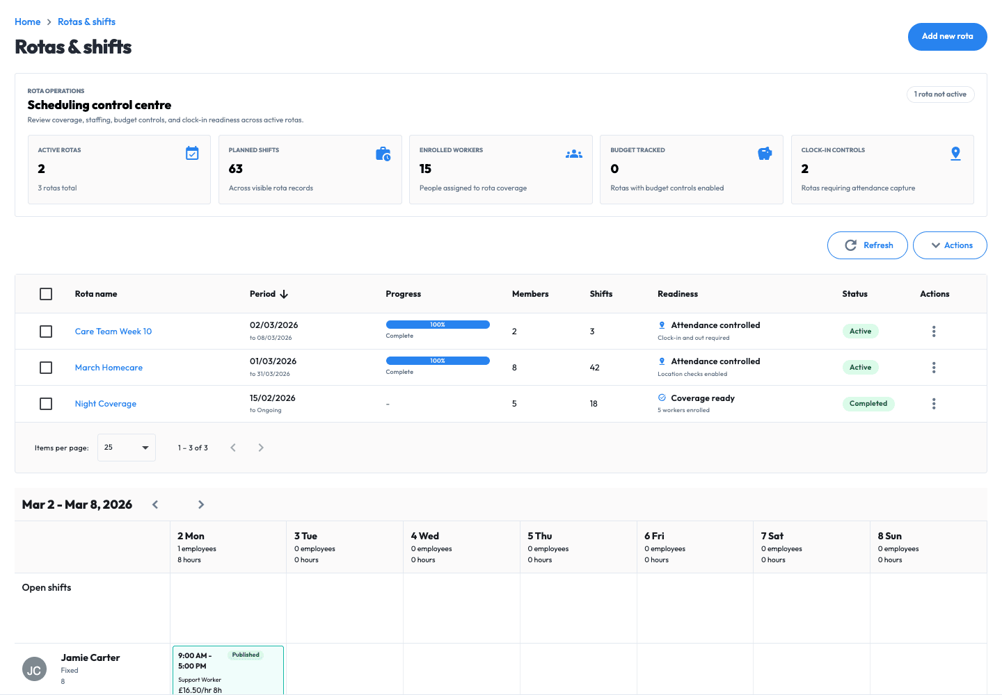 scheduling workspace showing example data