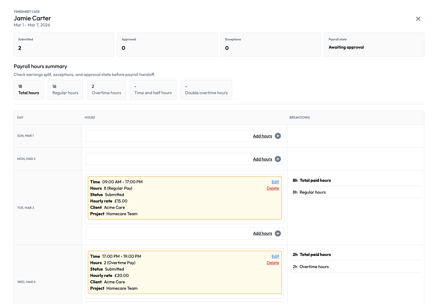 Workmax timesheet showing example worked hours and breaks.