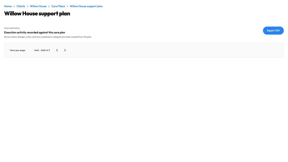 Workmax active care plan showing current needs, visit tasks and version history