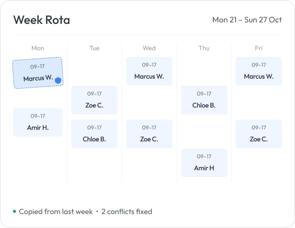 Workmax visual rota schedule with employee shifts