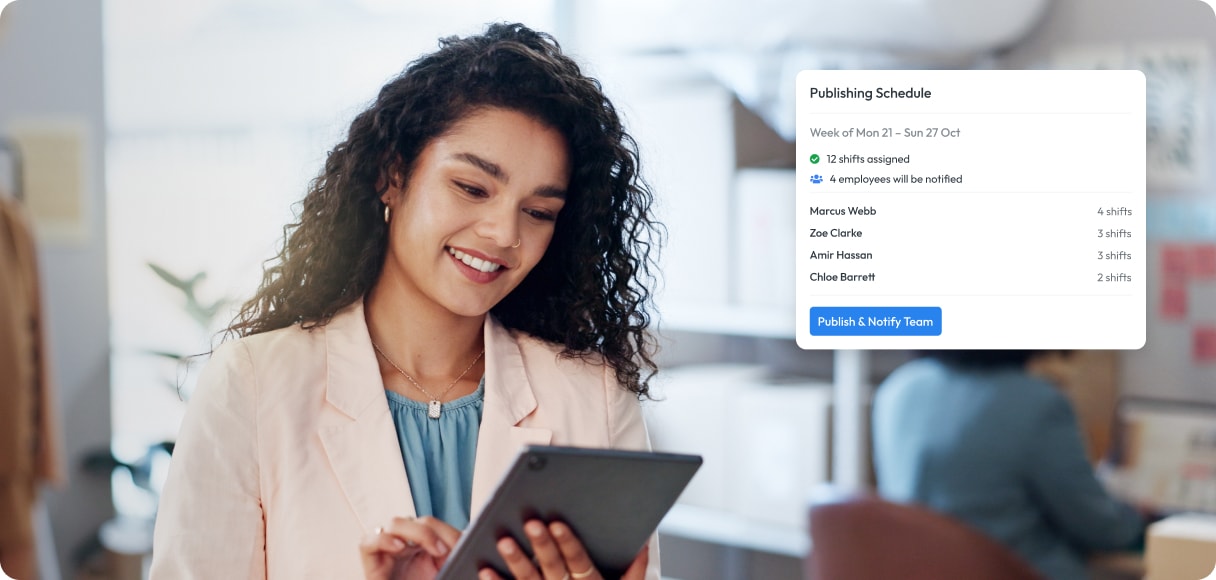 Workmax publish workflow communicating a completed rota to employees