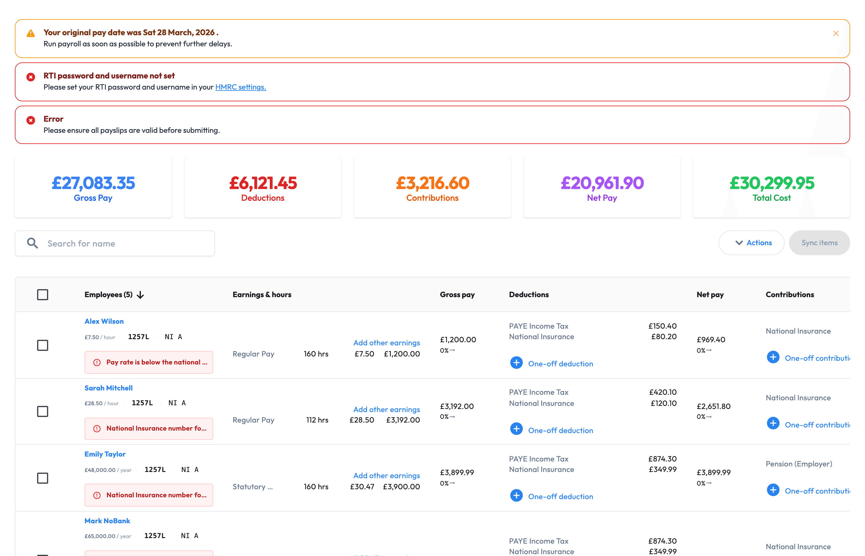 Workmax payroll review showing calculations, warnings and submission readiness