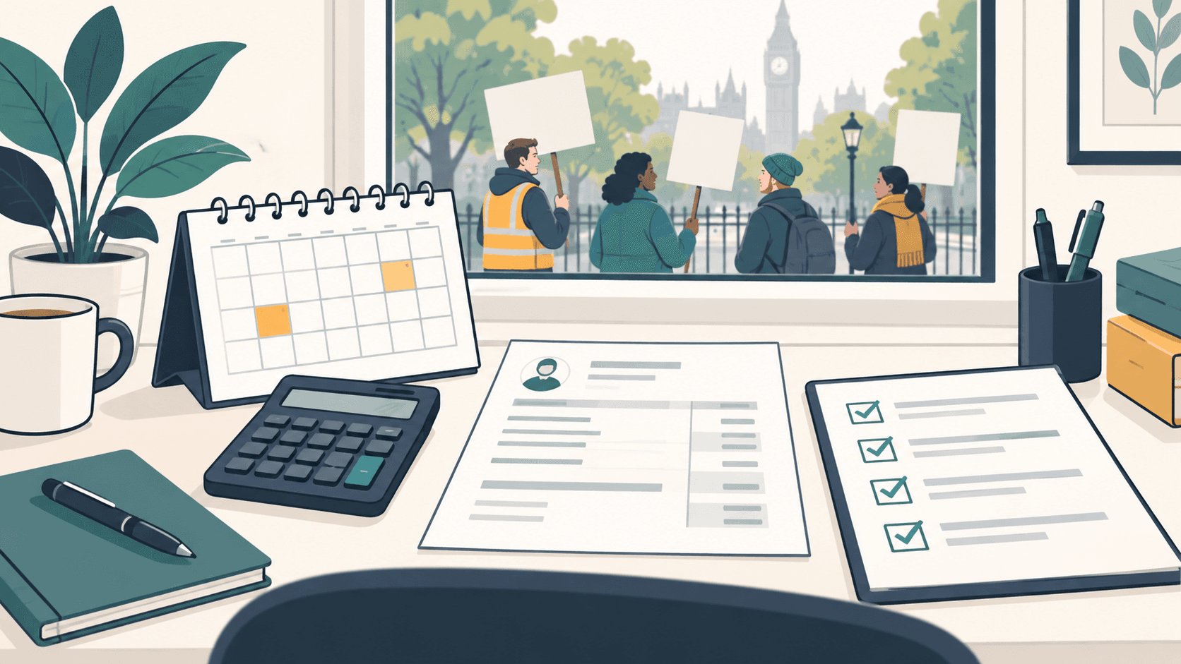 Illustration of a payroll desk with a calendar, calculator, payslip and checklist, with peaceful striking workers outside.