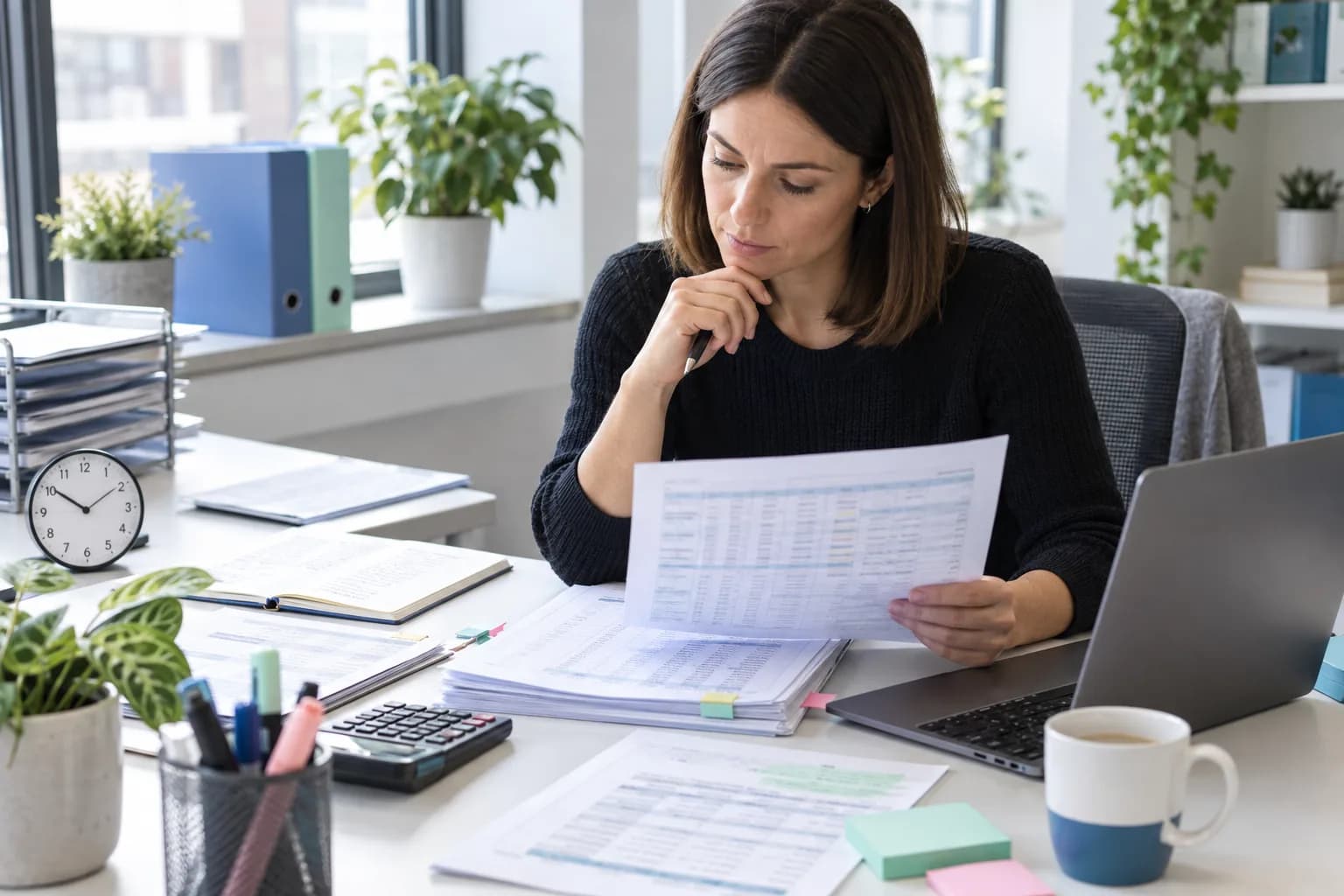 Payroll administrator reviewing timesheets and payroll records beside a laptop, calculator and desk clock.