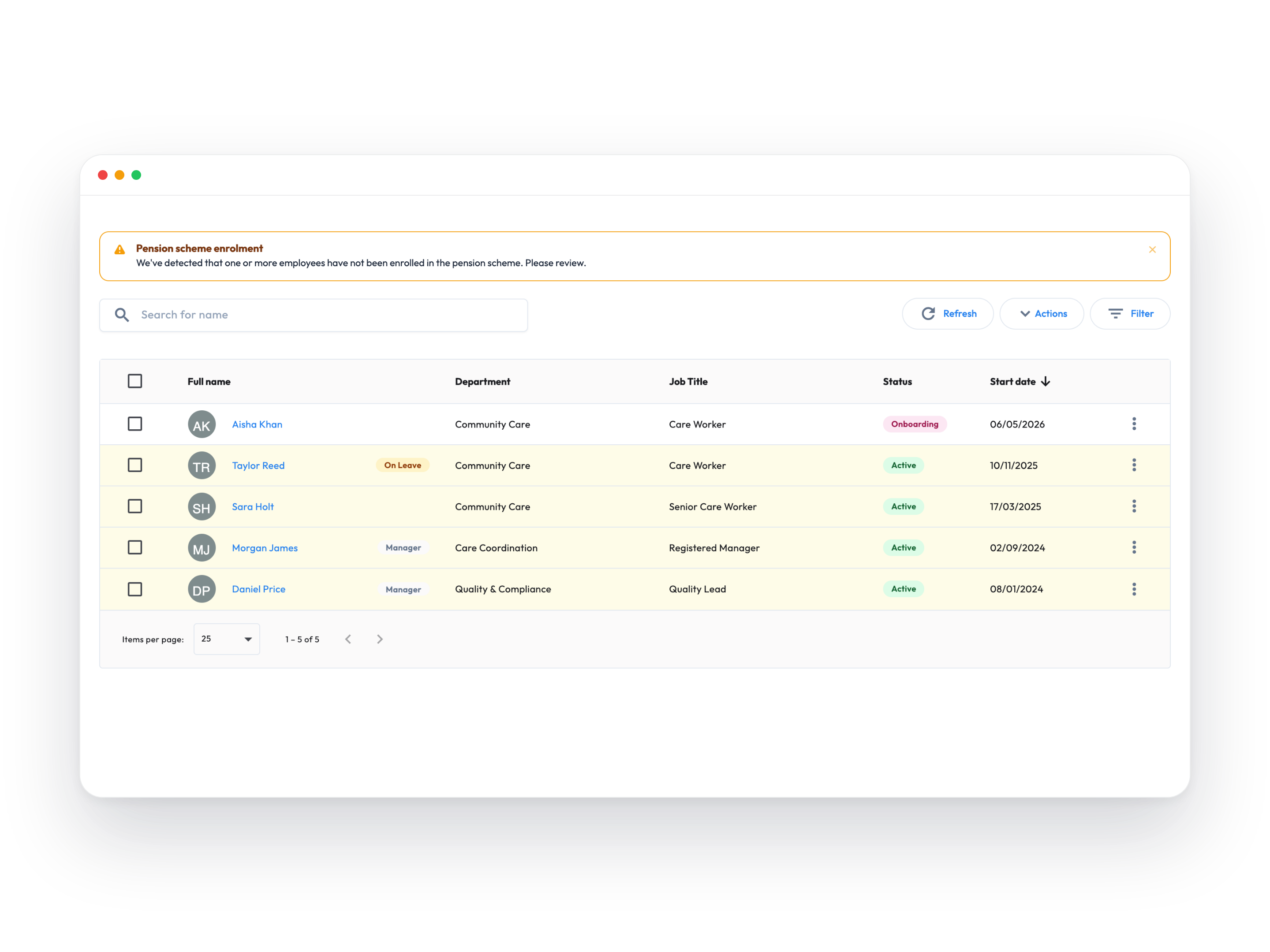 Workmax HR dashboard for care workforce records