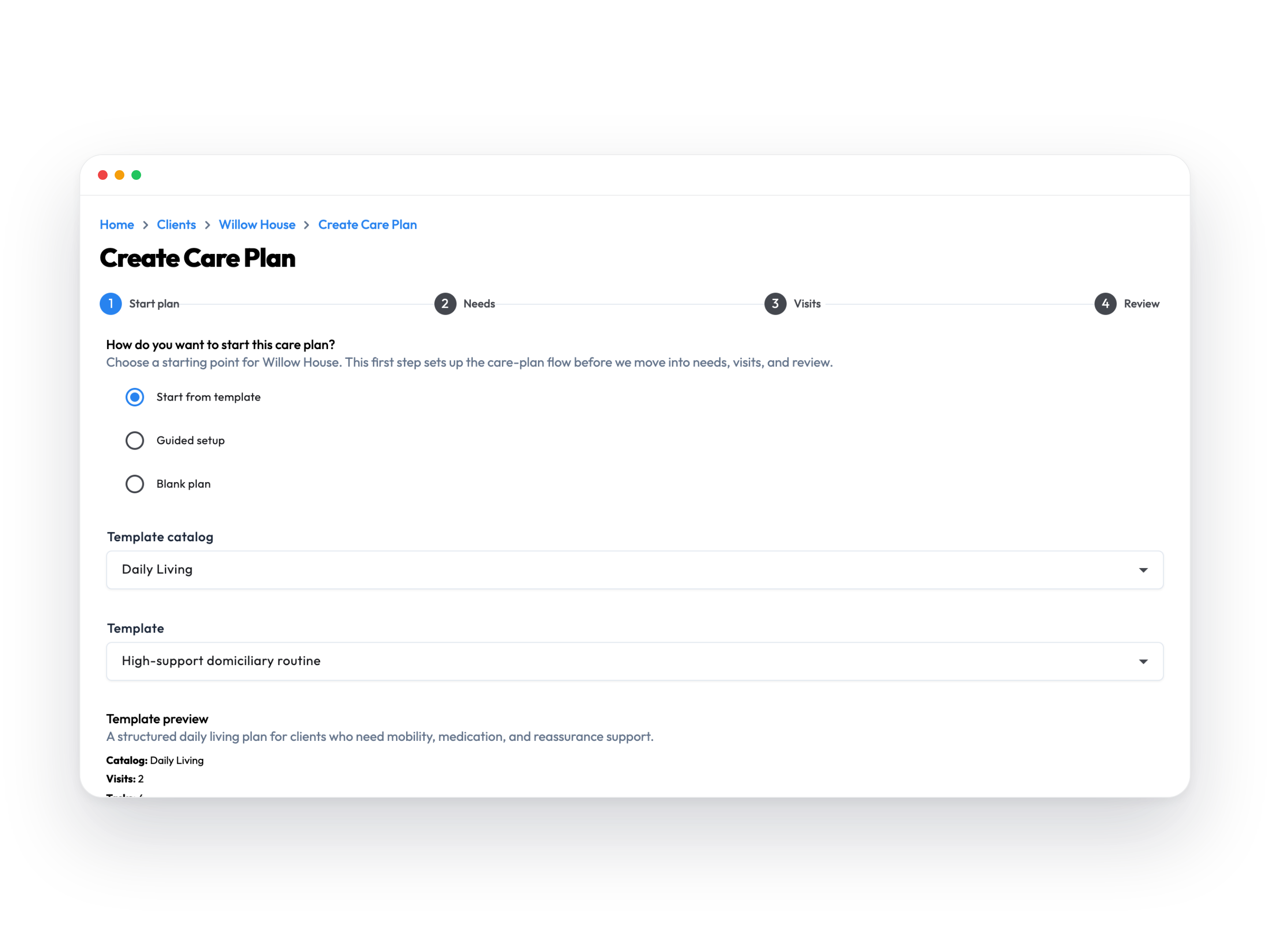 Workmax care planning interface showing visit schedules and tasks