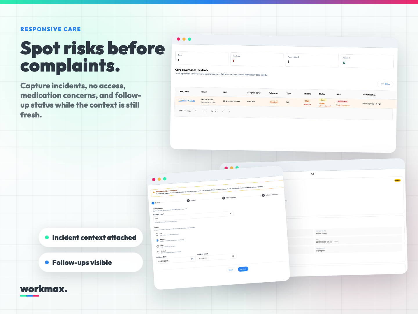 Workmax incident alerts composite showing governance board and incident workflow screenshots