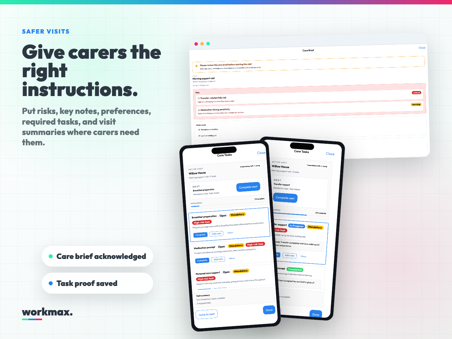 Workmax safer visits composite showing care brief and care task screenshots