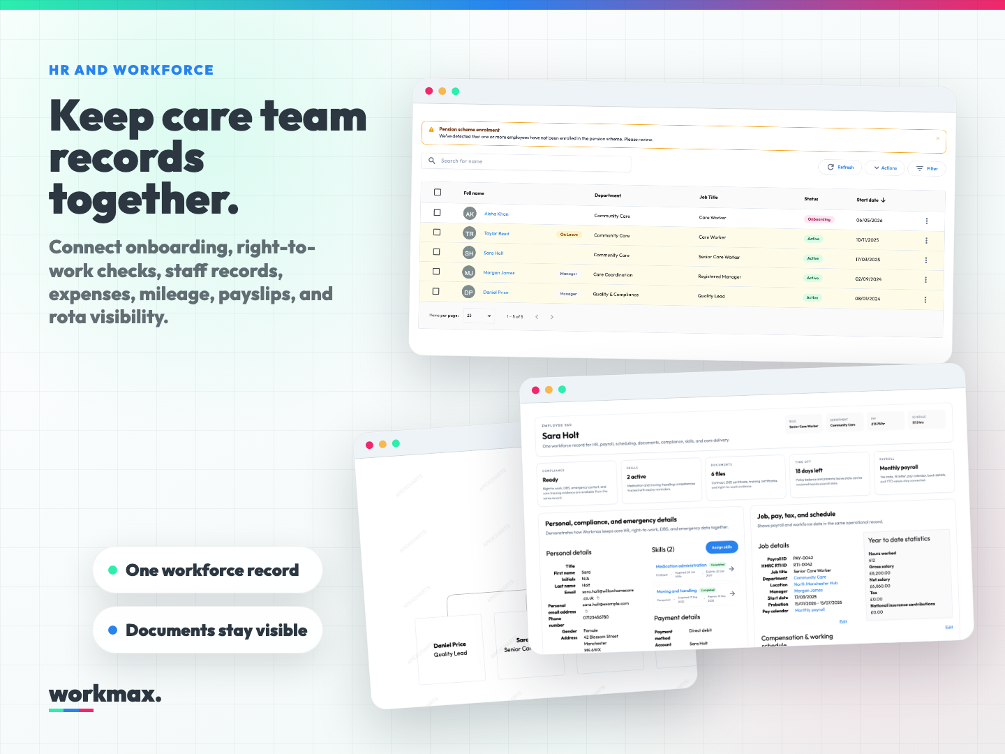 Workmax HR workforce composite showing staff records, organisation chart, and employee profile screenshots