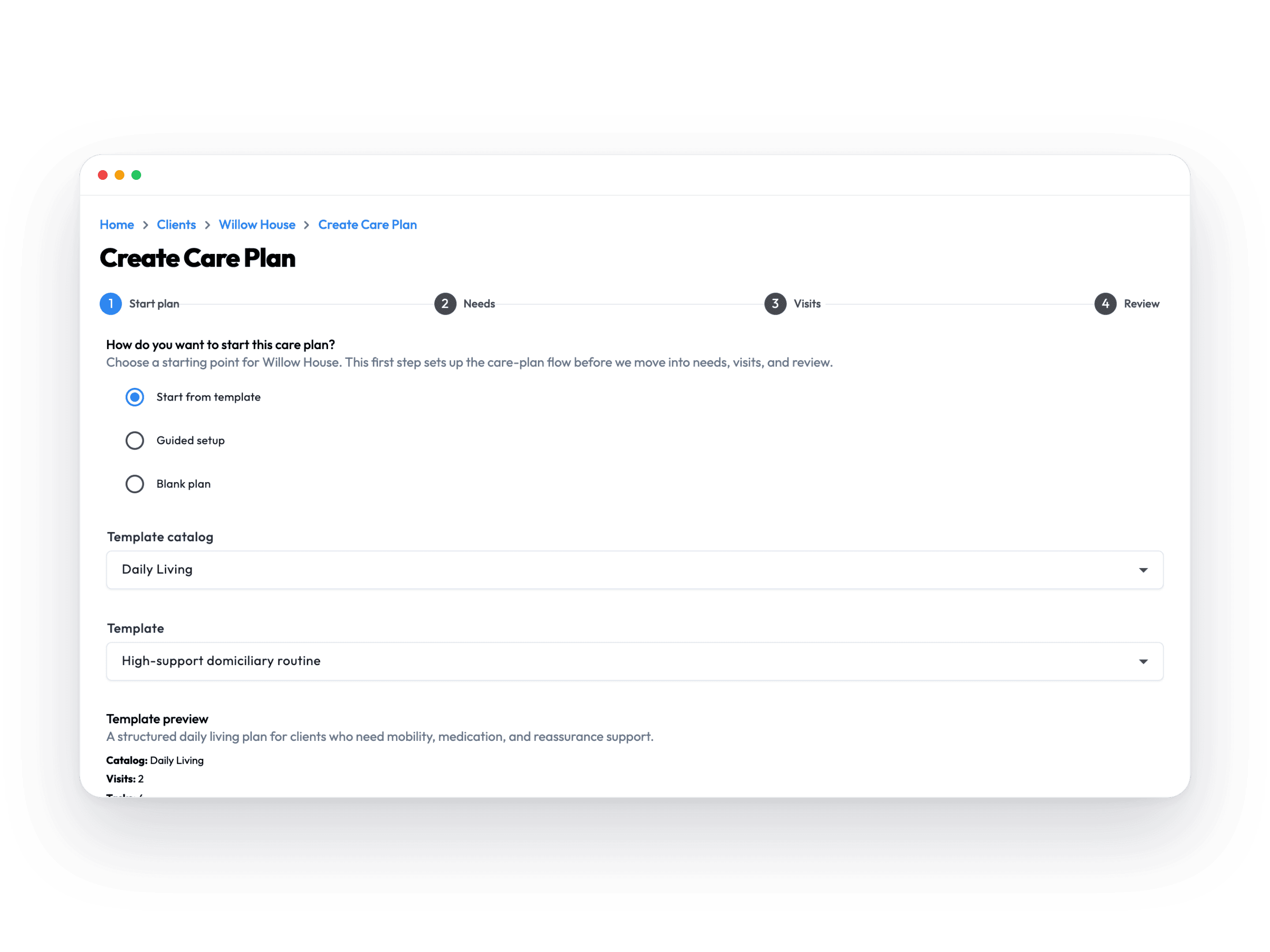 Workmax care plan with risks, preferences and visit tasks