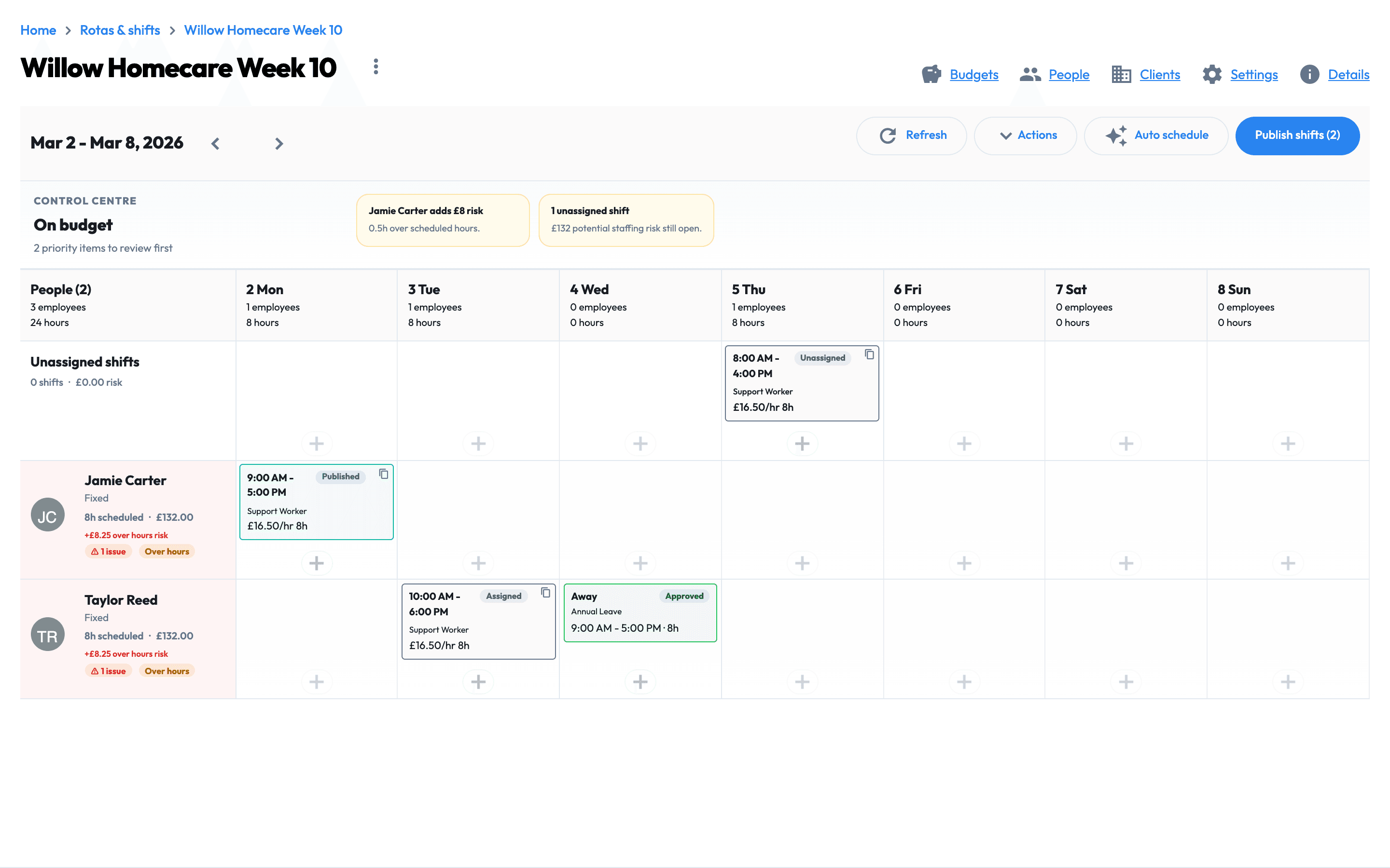 Workmax rota showing planned care visits