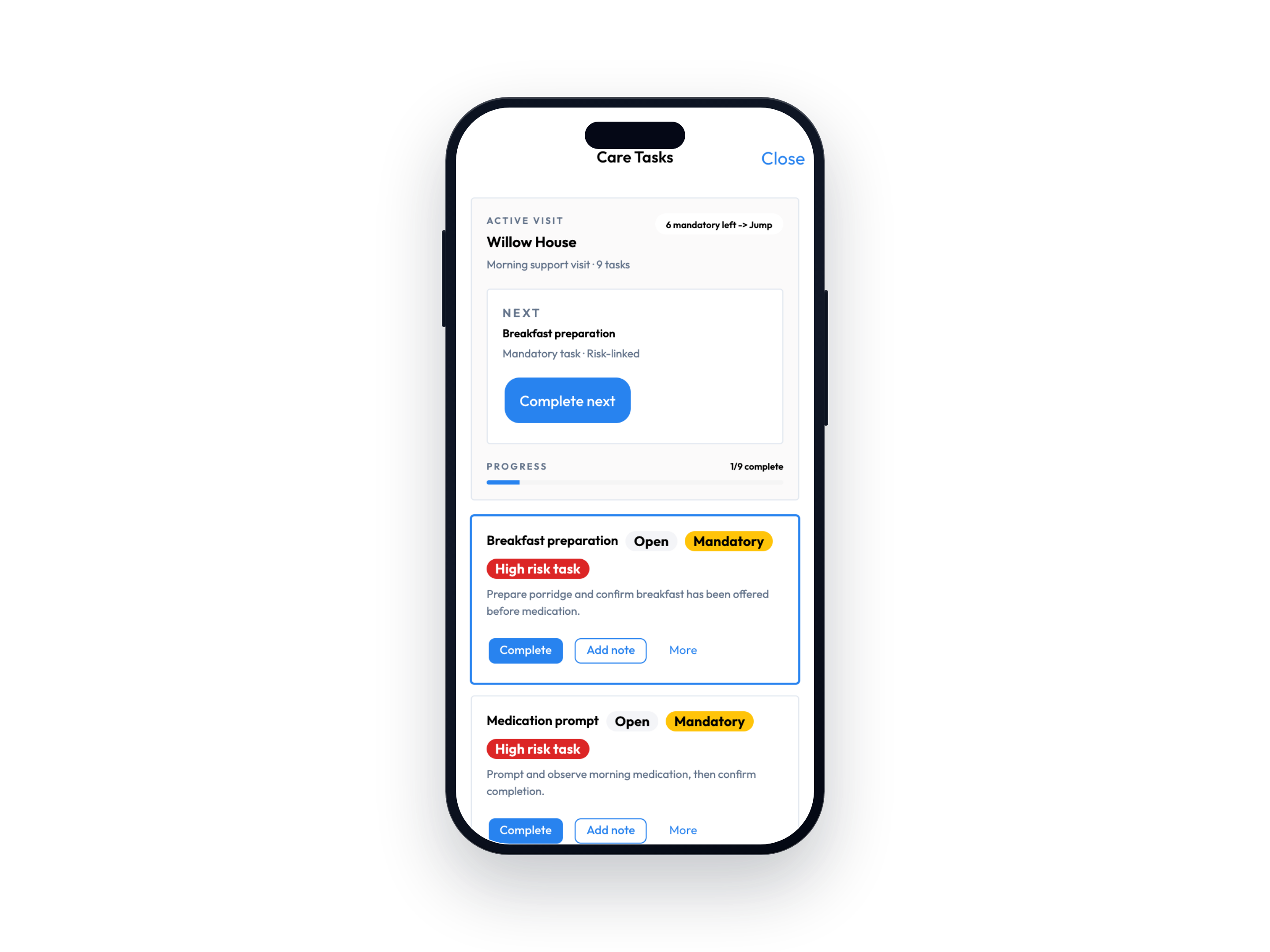 Workmax care task checklist for a scheduled visit